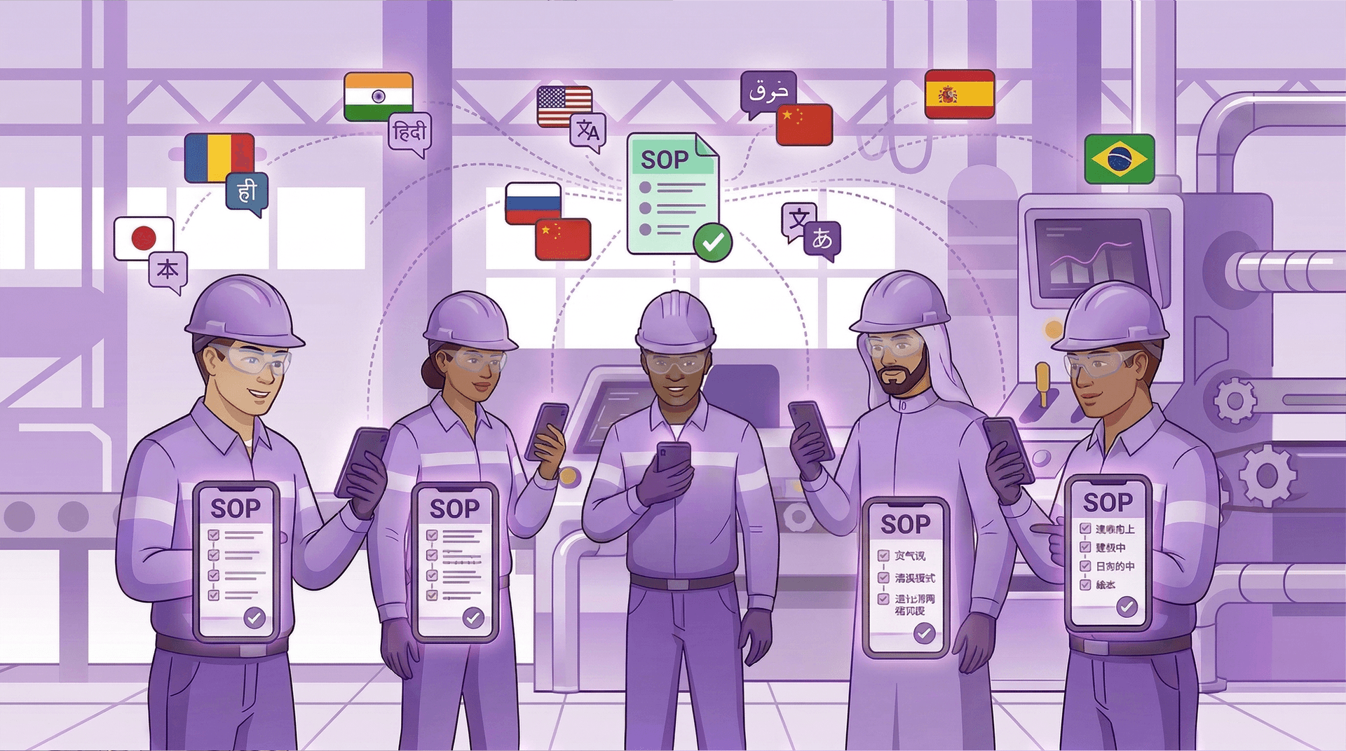 Internationale Produktionsmitarbeiter nutzen visuelle SOPs in ihrer Muttersprache auf dem Smartphone