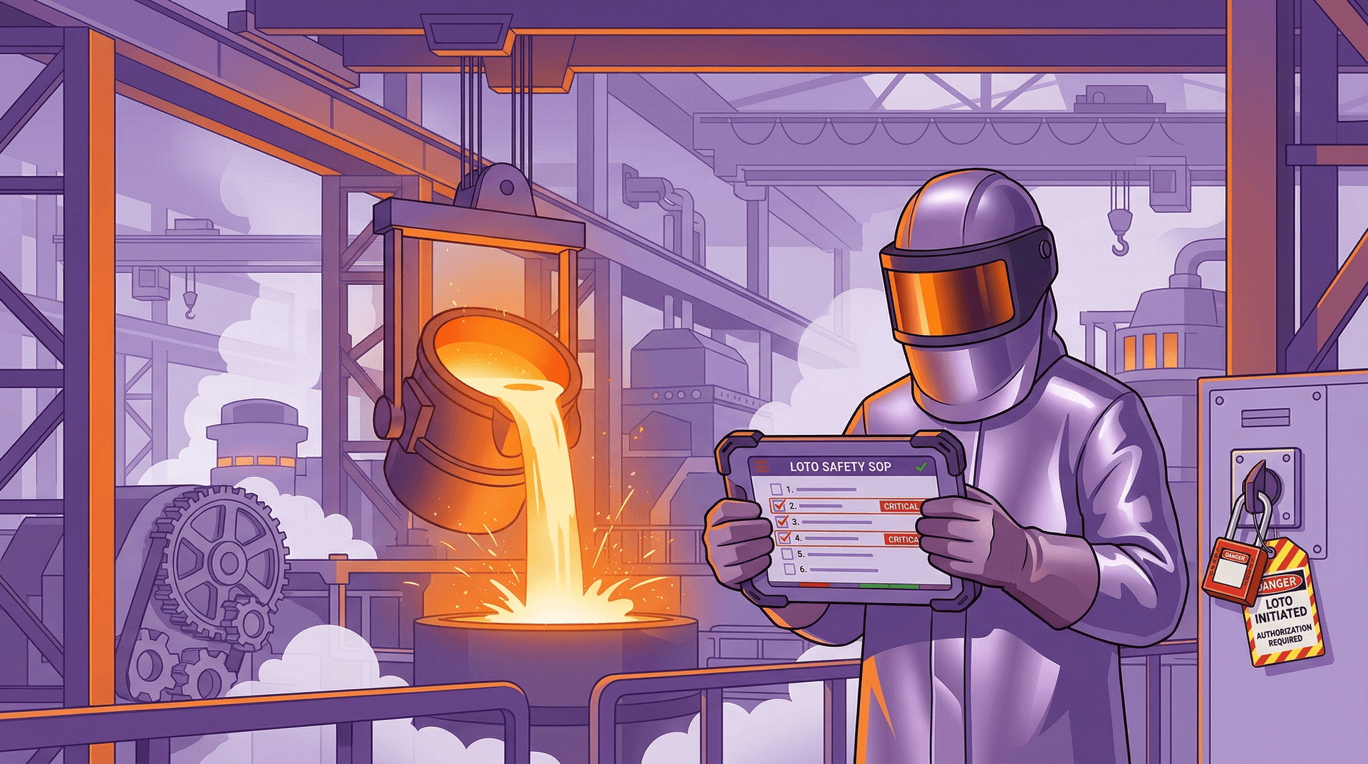 Stahlindustrie: Walzwerk mit glühendem Stahl und digitaler Arbeitsanweisung per QR-Code