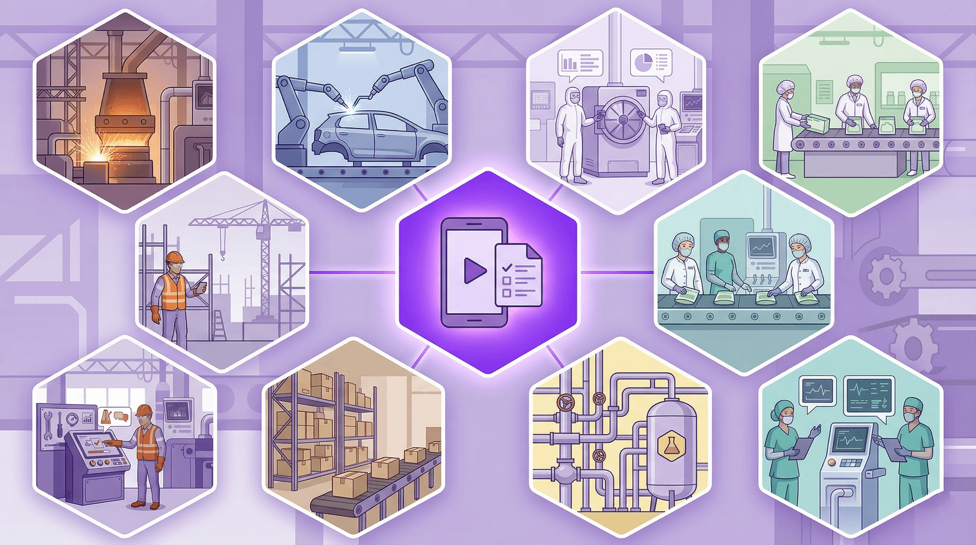 Soperion Branchen-Übersicht: Video-to-SOP für Stahl, Automotive, Pharma, Chemie, Lebensmittel, Krankenhaus und mehr